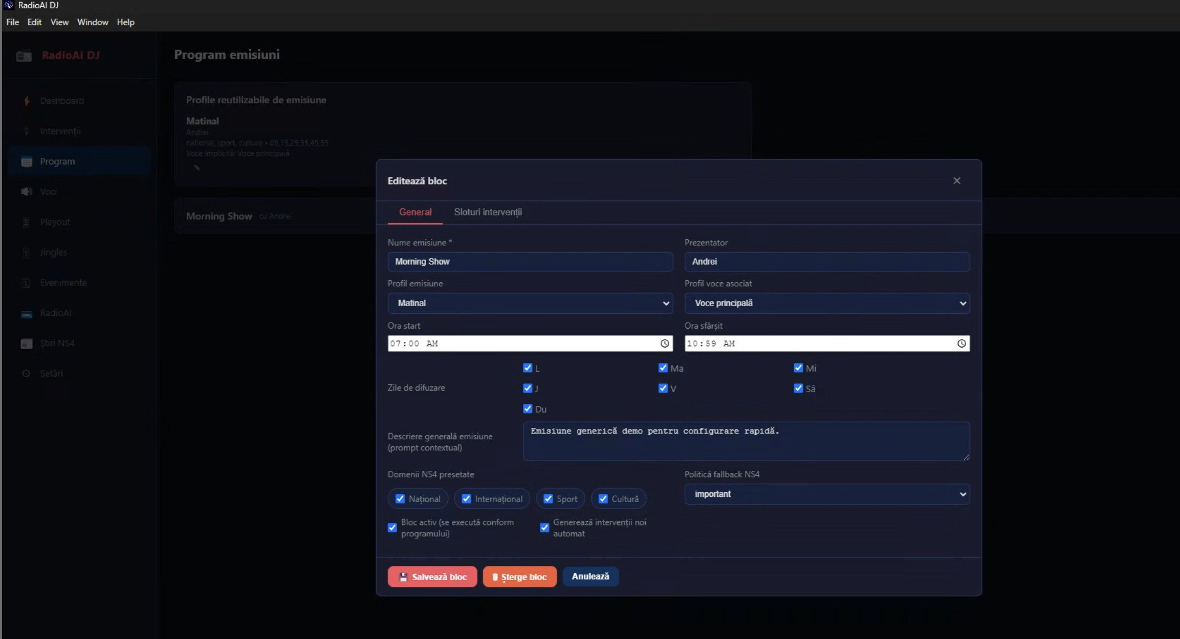 Editing a show block in RadioAI DJ