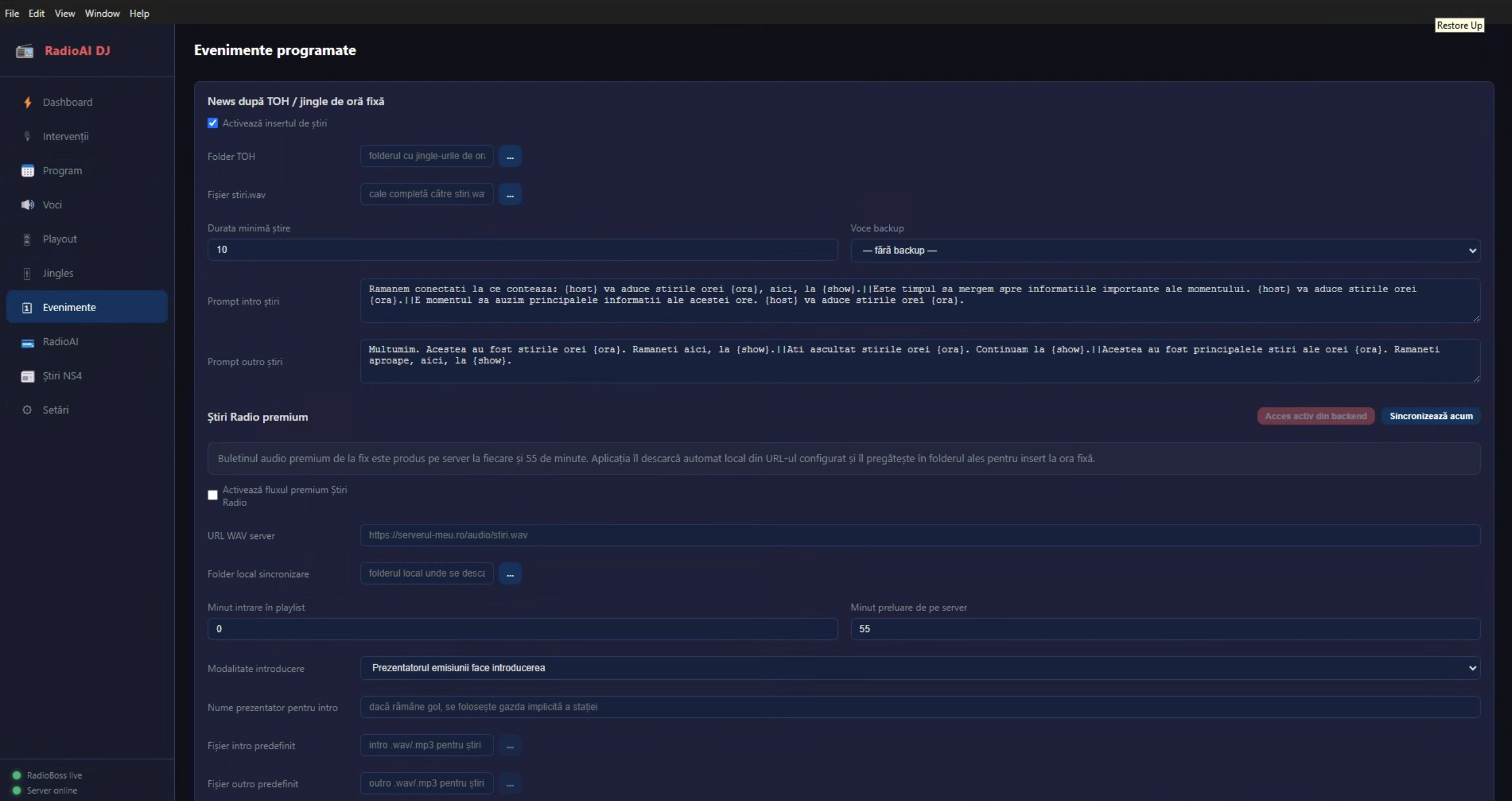 Scheduled events and premium news in RadioAI DJ