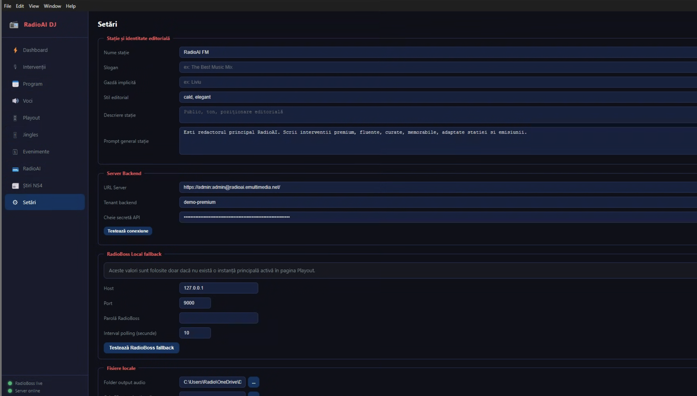 Settings in RadioAI DJ